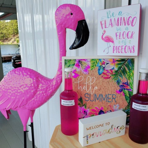 Frozen Flamingo sign and bird at Swaha Lodge & Marina.